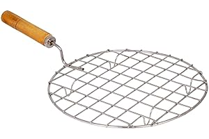 GENUEN® Stainless Steel Round Roti Grill, Papad Grill,Roti Jali, Chapathi Grill, BBQ Jali, Roasting Roti Jali Papad Rack Wooden Handle