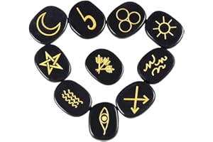 KYEYGWO 10pcs Obsidienne Noire Pierre de Rune pour Divination Décoration Méditation, Reiki Pierre Précieuse Gravée Symbole Runique Cristaux