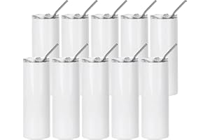 PYD Life 10 Stück Sublimationsbecher, blanko, 590 ml, schmal, weiß, Edelstahl, Becher mit Strohhalm und Deckel für Tasse, Becher, Thermopresse, Sublimation, Ofendruck