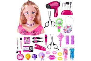 Uposao 35Pcs Trucco E Parrucco Per Bambina, Girls Hair Styling Dream Girl Dolls Head Play Set, Trucco Per Bambini Pretend Playset Styling Head Doll Acconciatura Giocattolo Con Asciugacapelli