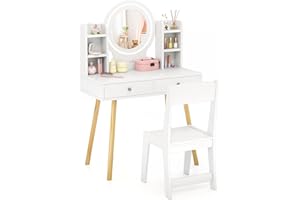 GYMAX Kids Vanity Table and Chair, Wooden Girls Dressing Tables with 2-Color LED Lighted Mirror, 2 Drawers and Storage Shelves, Children Makeup Desk Set for 3 Years Old+ (White)