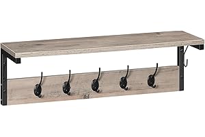 HOOBRO Wandgarderobe, Wandregal mit 7 Haken und Ablage, Hängeregal mit Garderobenleisten, Wandmontage, für Flur, Wohnzimmer, Küche, Greige-Schwarz EBG16YM01