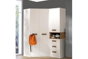 ‎MARMEX MEBLE Marmex Grant G15 - Eckschrank 91x195x143 cm, Bücherregal - Eckgarderobe mit Kleiderstangen und Einlegeböden für das Jugendzimmer, Schlafzimmer - Eckkleiderschrank - weiß + Riviera Eiche