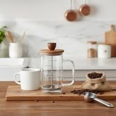 Deconox Akasya Ahşap Kapaklı Borosilikat Cam French Press - &Ouml;l&ccedil;&uuml; &Ccedil;izgili Kahve ve &Ccedil;ay Demliği (350ml ve 600ml Boy Se&ccedil;enekli) 