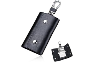 CJZZ Estuches De Llave，Hombres Llavero Piel,Organizador Llaves，Funda De Cuero para Llaves, Portátil Organizador Llaves con 6 Ganchos y Llavero，8 cm x 11 cm, Negro