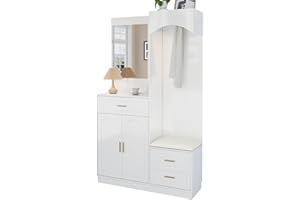 muenfly Garderobe Set, Kompaktgarderobe, Flurgarderobe mit Spiegel, Schuhbank, Schublade und Schuhschrank, Garderobenschrank Flurgarderoben Set Modern - Flur Möbel, 110 x33 x185.5 cm, Weiß