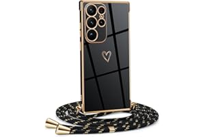 Mkej Funda para Samsung Galaxy S24 Ultra con Cuerda, TPU Suave Silicona diseño de corazón con Chapado en Oro de Lujo, Funda Samsung Galaxy S24 Ultra Cuerda para Mujeres y niñas, Oro Negro