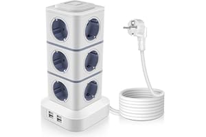 OLEKE Regleta Enchufes 2500W/10A Regleta Vertical Enchufes con 12 Tomas Corrientes y 4 Rápida USB Tomas Cable de extensión de 3Metros y Protección de Sobrecarga Inteligente