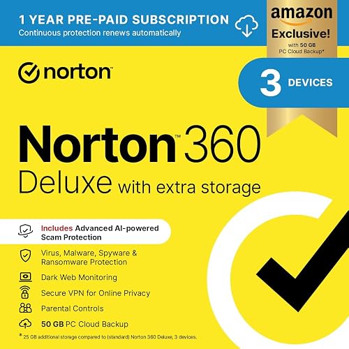 Norton 360 Deluxe with Extra Storage 2026| 25 GB Extra Cloud Backup| 3 Devices | 1-Year Subscription With Automatic Renewal | Activation Code by email