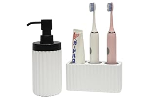 Suanti Farmhouse Bathroom Decor Set - 2 Pcs Resin Soap Dispenser and Toothbrush Holder - Matte White