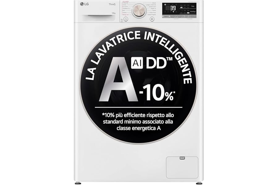LG AI DD F4R7010TSWG Washing Machine 10 kg Class A -10%, 1400 RPM, Front Load with Tempered Glass Porthole, TurboWash 360 Function, Steam on 7 Programs, Wi-Fi, Freestanding, R7 Series, White