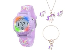 HMJIA Kinderuhr Mädchen und Einhorn Halsketten Set Armbanduhr Digital mit Silikonarmband 3ATM Wasserdicht mit Blinklicht Uhr Kinder für Mädchen von 4-12 Jahre