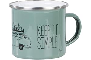 Mugsy - Tazza smaltata con scritta in inglese "Keep it simple” e disegno di camper, 300 ml, attrezzatura da campeggio, colore verde oliva