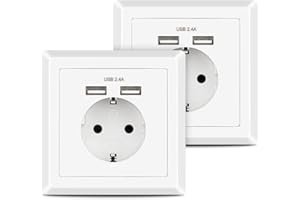 2 X Enchufes de pared, Kaifire Caja de enchufe tipo Schuko con 2 puertos USB 2.4A, se adapta a tomas de corriente estándar, p