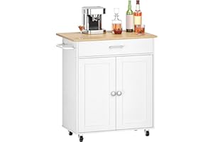 CHOEZON Kitchen Island, Farmhouse Kitchen Island Cart with One Double Cabinet and Drawer, Rolling Storage, with Drop Leaf ＆ industrial locking wheels, for Living Room, White and Natural DMZD01WN