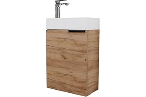 ‎PLANETMÖBEL Planetmöbel Waschtisch mit Unterschrank 40 cm Waschbeckenunterschrank, Badmöbel-Set mit Waschbecken für kleine Bäder, Gäste WC, Gold Eiche (inkl. Armatur Chrom)