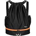 RYACO Drawstring Backpack Sports Gym Bag, Water Resistant String Sackpack Large Size with Zipper and Water Bottle Mesh Pockets for Gym Shopping Sport Yoga School Swimming Beach