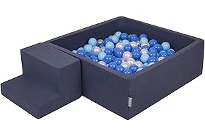 KiddyMoon Area di Gioco in Schiuma con Quadrato Piscina di Palline (200 Palline) per Bambini, Blu Scuro:Azzurro/Blu/Perla