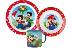 OM SUPPLIES Mario Cartoon Character Dinner Tableware Set 3pcs Plate, Bowl & Mug, BPA Free re-usable Plastic Microwave Safe (Mario)