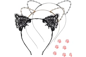FUKPO 3 Stück Katzenohren Haarreif für Damen Mädchen, Schwarz Sexy Spitze Stirnbänder Katzen, Strass Gold Silber Katze Ohren Haarreifen Haarbänder, Stirnband Haarschmuck für Cosplay Halloween Kostüm Party