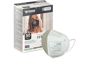GENERAL MERCHANDISING 50 Masques FFP2 Blancs Certificat ESLH CE 0598 | Masque FFP2 Blanc ESLH 50 pièces scellées individuellement 5 couches de protection PFE ≥ 94% avec 50 crochets Économisez les oreilles