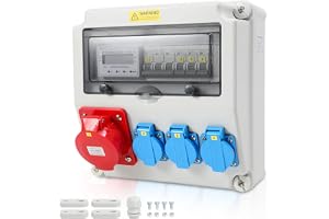 Daromigo Väggströmfördelare, byggströmsfördelare, strömmätare 3-fas och MCB, 3 x Schuko-uttag 16 A 230 V, 1 x CEE-uttag 32 A 5-polig, uttag med säkerhetslock, för byggplats