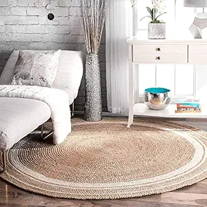 Imsid Handwoven 5x5 feet Jute Round Rug, Natural Fibers, Braided Reversible Carpet for Stylish Bedroom Living Room Dining Room Kids Room (5x5 feet Round, White & Beige)