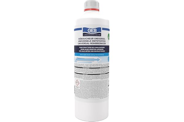 GEB - Déboucheur Universel liquide sans odeur à base de soude. Dissout toutes les graisses, matières organiques ... Convient à tous types de canalisations - 1L