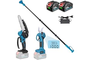 Yofidra 4 en 1 Motosierra telescópica, podadora de pértiga y tijeras de jardín eléctricas inalámbricas: tijeras de poda telescópicas sin escobillas de 30 mm, mini motosierra de 15 cm, 20 V, con 2 bate