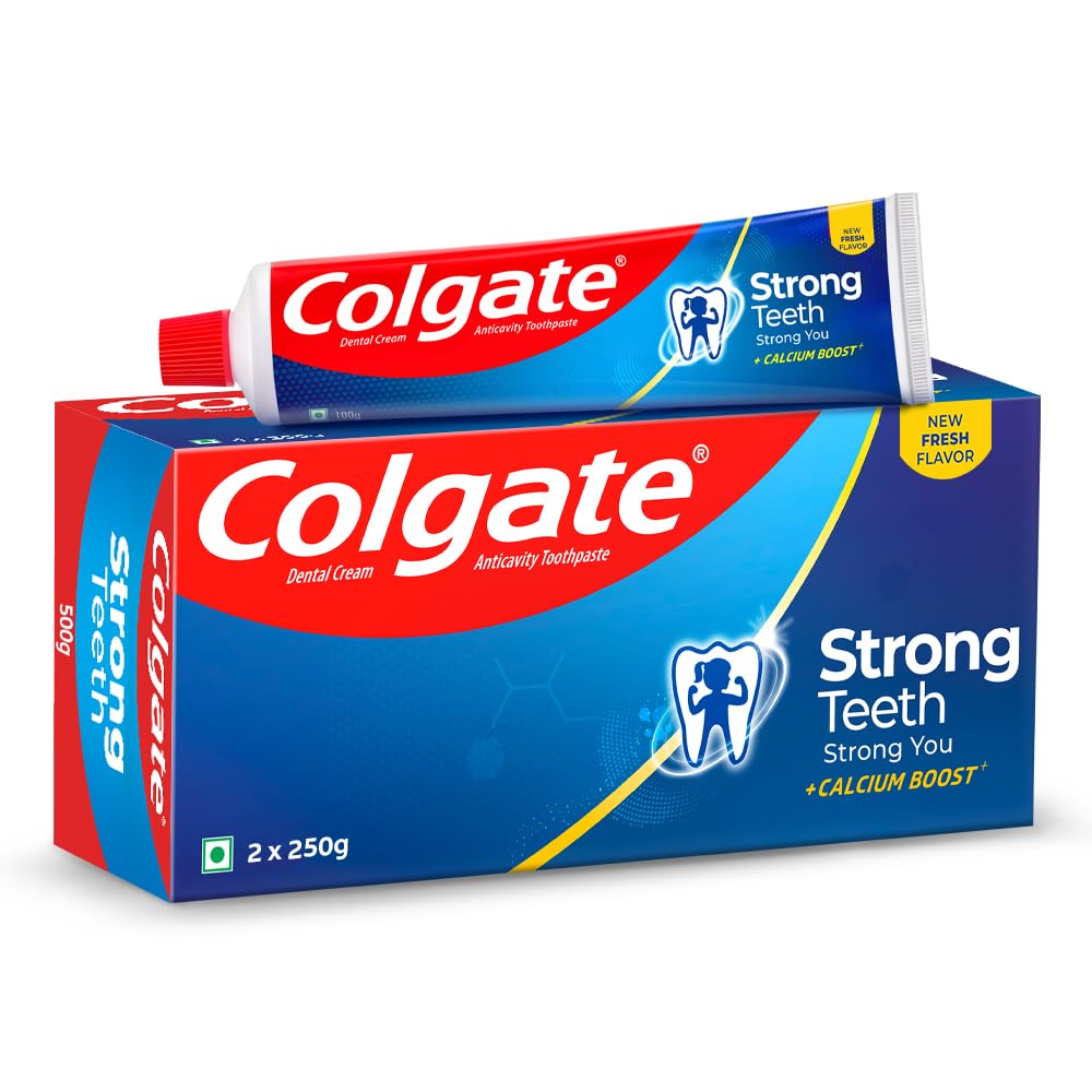 Colgate Strong Teeth, 500g, India’s No: 1 Toothpaste Brand, Calcium-boost for 2X Stronger Teeth, Prevents cavities, Whitens T
