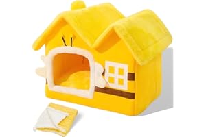 SEOUGEE Cat Cave Bed, Warm Cosy Dog Bed Indoor With Removable Cushion, Comfortable Plush Pet Cat igloo, Washable Foldable Cat Houses with Non-Slip Bottom (Yellow Bee,S)