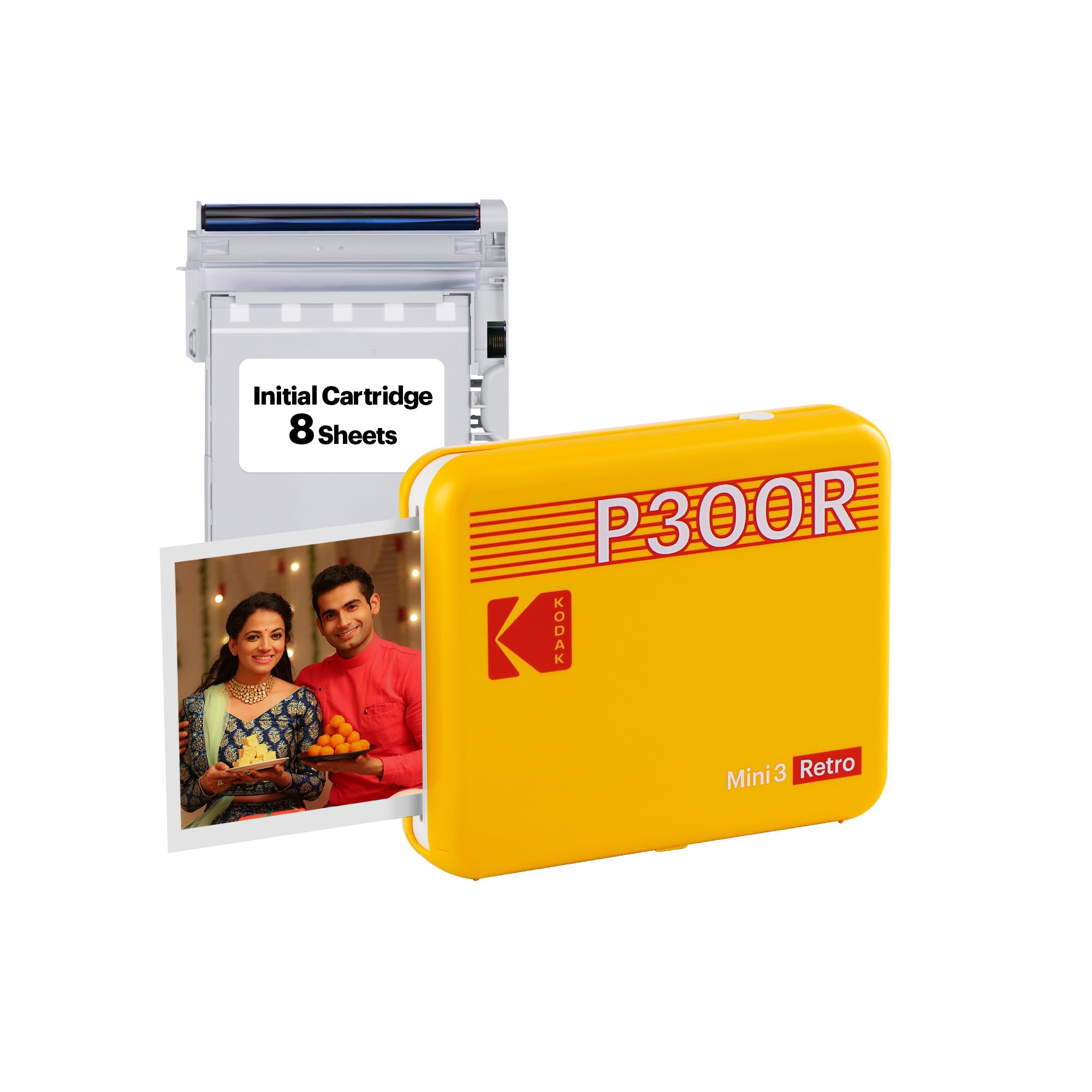 KODAK Mini 3 Retro Portable Photo Printer - White, Compatible for iOS, Android & Bluetooth Devices, Real Pho (Printer + 8 Sheets, Yellow)