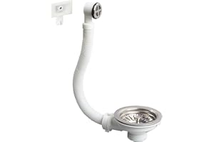 Wirquin 30723117 Bonde pour évier ø90 1 bac, plastique et métal, avec trop-plein exterieur, chromé, Blanc