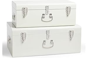 Beautify Storage Trunks, Set of 2 Cream Stainless Steel Storage Chests w/Silver Detailing, Stackable Bedroom Organisers w/Lockable Lids, Sturdy Multi-Purpose Bedding, Blanket & Toy Box