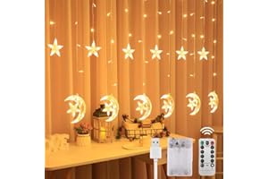 Arespark Rideau Lumineux Ramadan, 3,5M Guirlande Lumineuse Étoile Lune Décoration Fenêtre, IP44 Intérieur 8 Mode Rideau Lumières pour Fenêtre Soirée Fête
