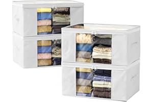 FORCANBY Clothes Storage Bags, Foldable Thick Fabric Blanket Storage Boxs, Large Clear Window with Reinforced Handle, Great for Clothes, Blankets, Closets, Pillows, Toys (White, 4Pack)