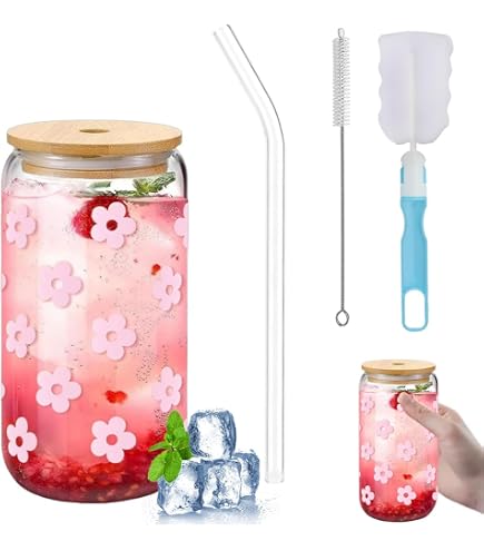 Verre Réutilisable Bubble Tea Gobelets En Verre Avec Couvercle Et Paille - Lot De 2, Design Nœud Rose, Pour Bubble Tea, Café Glacé, Cocktails
