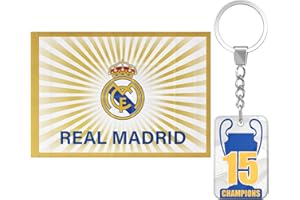 MS MÓVIL SHOP Drapeau officiel du Real Madrid Club de football + porte-clés 15 Champios | 150 x 100 cm - Blason du Real Madrid et bords dorés | Produit officiel