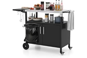 COSTWAY BBQ Storage Cart Table, 84cm Garden Serving Trolley with Folding Stainless Steel Top, 6 Hooks, Open Shelf & 2-Door Cabinet, Portable Food Prepare Dining Cart for Outdoor Grilling and Cooking