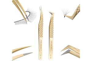 NAGARAKU Faserspitze Wimpernpinzette Set 1 Paar Professionelle Präzisionspinzette Edelstahl Rutschfester Griff Nagelpinzette Separier Pinzette Delphin & Volumen Fächer L-Typ Lash Tweezer（AG-05&AG-09）