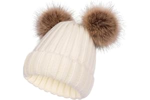 SERENYOU Kids Winter Beanie Hat Double Pom Pom Toddler Boys Girls Warm Knitted Bobble Cap Aged 3-10