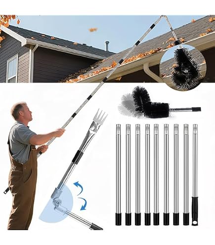 Nettoyeur De Gouttières Télescopique 2 En 1 - 390 Cm, 10 Tiges + 2 Têtes + Râteau, Aluminium Et Nylon