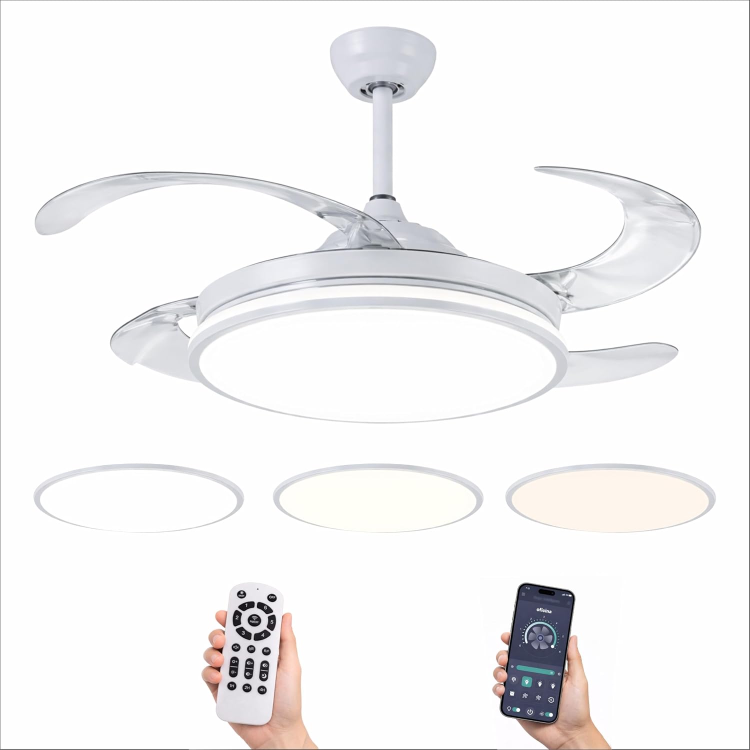 Ventilador de Techo Led 72W, Regulable en Intensidad y en Tono de Luz de Fria a Cálida, 4 Aspas Retráctiles, Mando a Distancia y APP para Móvil, Motor DC Ultra Silencioso, 6 Velocidades (blanco)