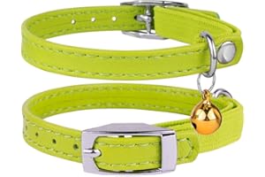 CollarDirect Leather Cat Collar, Cat Safety Collar with Elastic Strap, Kitten Collar for Cat with Bell Black Blue Red Orange Lime Green (Neck Fit 9"-11", Lime Green)