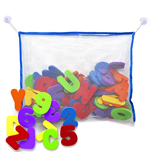 Bath Letters And Numbers With Bath Toy Organizer. The Best Educational Bath Toys with Premium Bath Toy Storage and Non Toxic BPA Free Foam Letters. The Perfect Gift With Free Bonus Toddler Care Guide E-Book