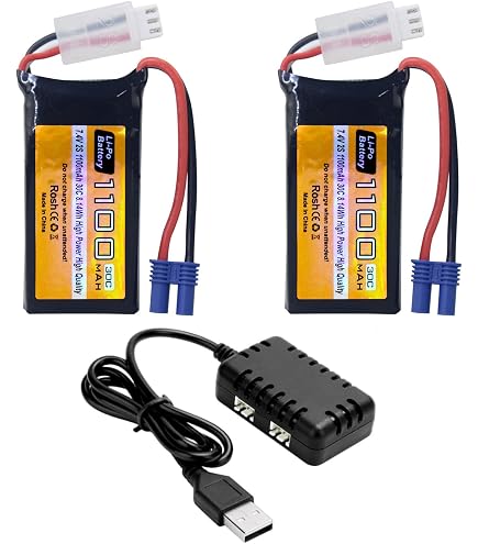 MOONZON 2-Pack 7.4V 1500mAh SM-3P LiPo Batteries With USB Charger For DE43/DE60 RC Cars & Trucks