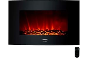 Cecotec Chimenea Eléctrica Decorativa 35” con Mando a Distancia Ready Warm 3510 Curved Flames. Máxima Potencia 2000W, 2 Intensidades, Panel Curvo de Cristal Templado, Llama Ajustable, Temporizador