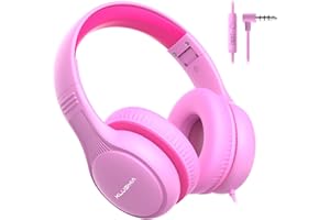 KLUGMIA Wired Kids Headphones, 85dB/94dB Volume Limited, Over Ear Headphones for Kids with in-line HD Mic, Audio Sharing, Foldable Kids Headphones Wired (pink)