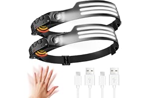 NEOVSUNY Pannlampa Uppladdningsbar, [2 Pack] Superljusa 3*COB LED Strålkastare med Rörelsesensor 5 Lägen 1200 mAh Batterier, Lätt och Justerbar Vattentät Huvudlampa för Löpning Camping Fiske Cykling