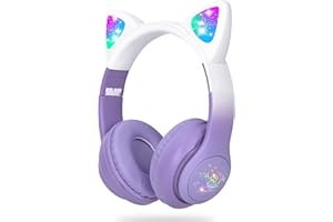 LAIBUY Bluetooth Kopfhörer Kinder, Kabellos Kinder Kopfhörer mit LED-licht Katzenohren und Mikrofon,HD Stereo Sound Faltbare Mädchen Kopfhörer für PC/Telefon/Lernen/Reisen, STN-28PRO